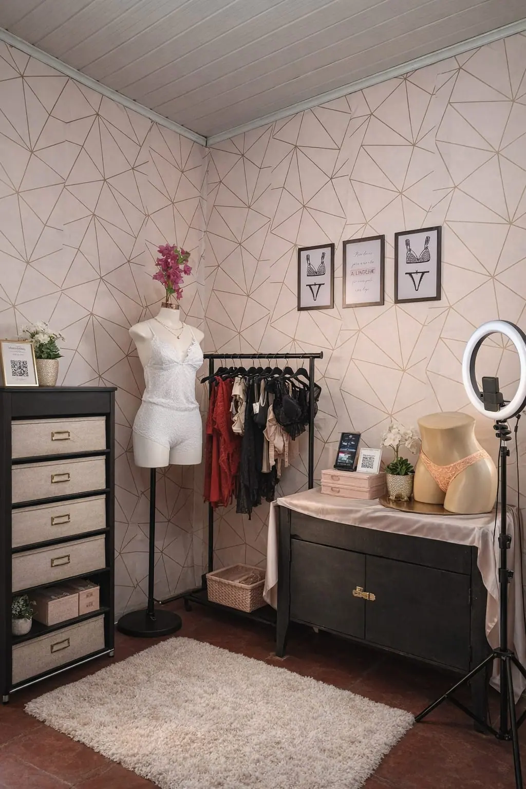 Interior da V.B em Batatais: arara de lingeries, manequim e móveis em um espaço aconchegante de tons claros.